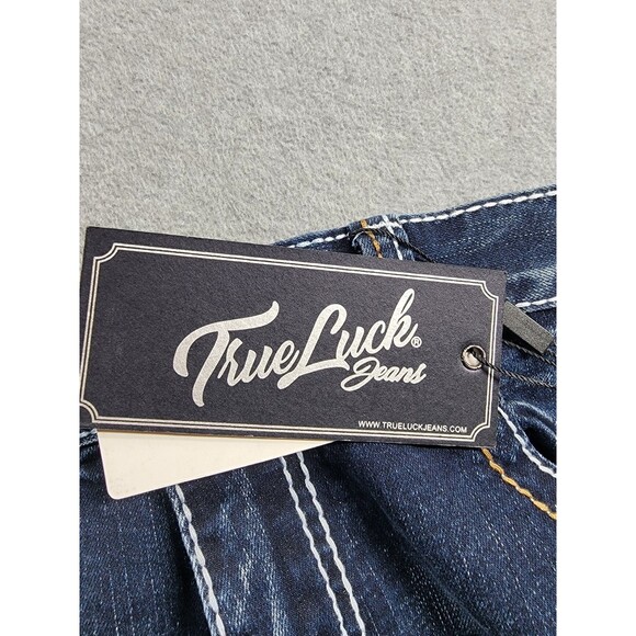 True Luck Jeans Mens 34x30 Boot Dark Blue Thick Stitch Mid Stretch Western NEW - Picture 6 of 16